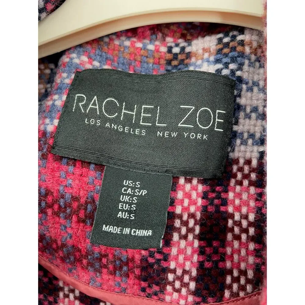 Rachel Zoe Pink Blue Plaid Woven Tweed Wool Blend‎ Jacket Size Small